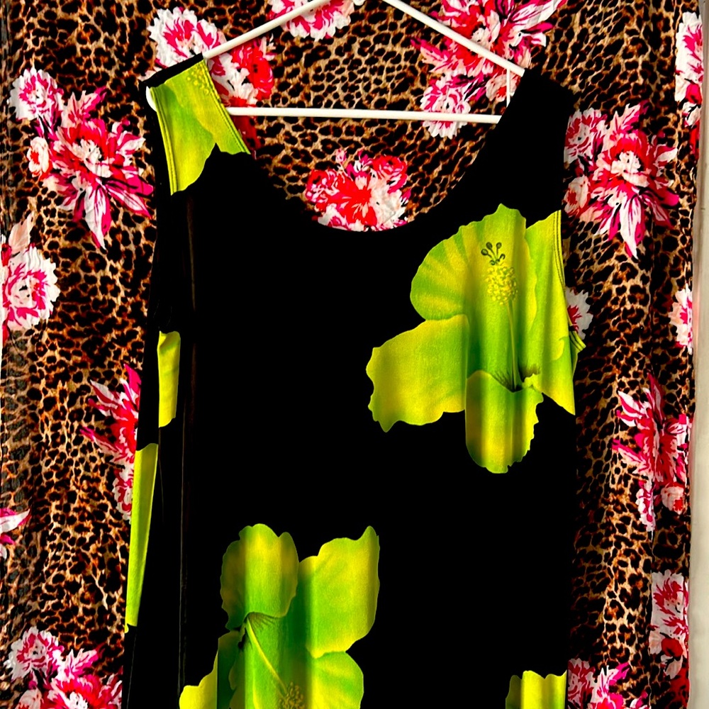 Past knee length Hawaiian green flower hibiscus dress
